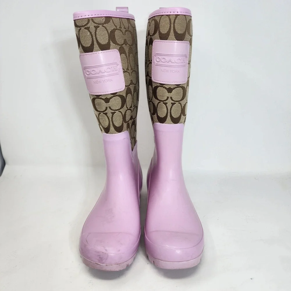 Coach Pink Rain Boots 8B tan Signature Monogram Canvas